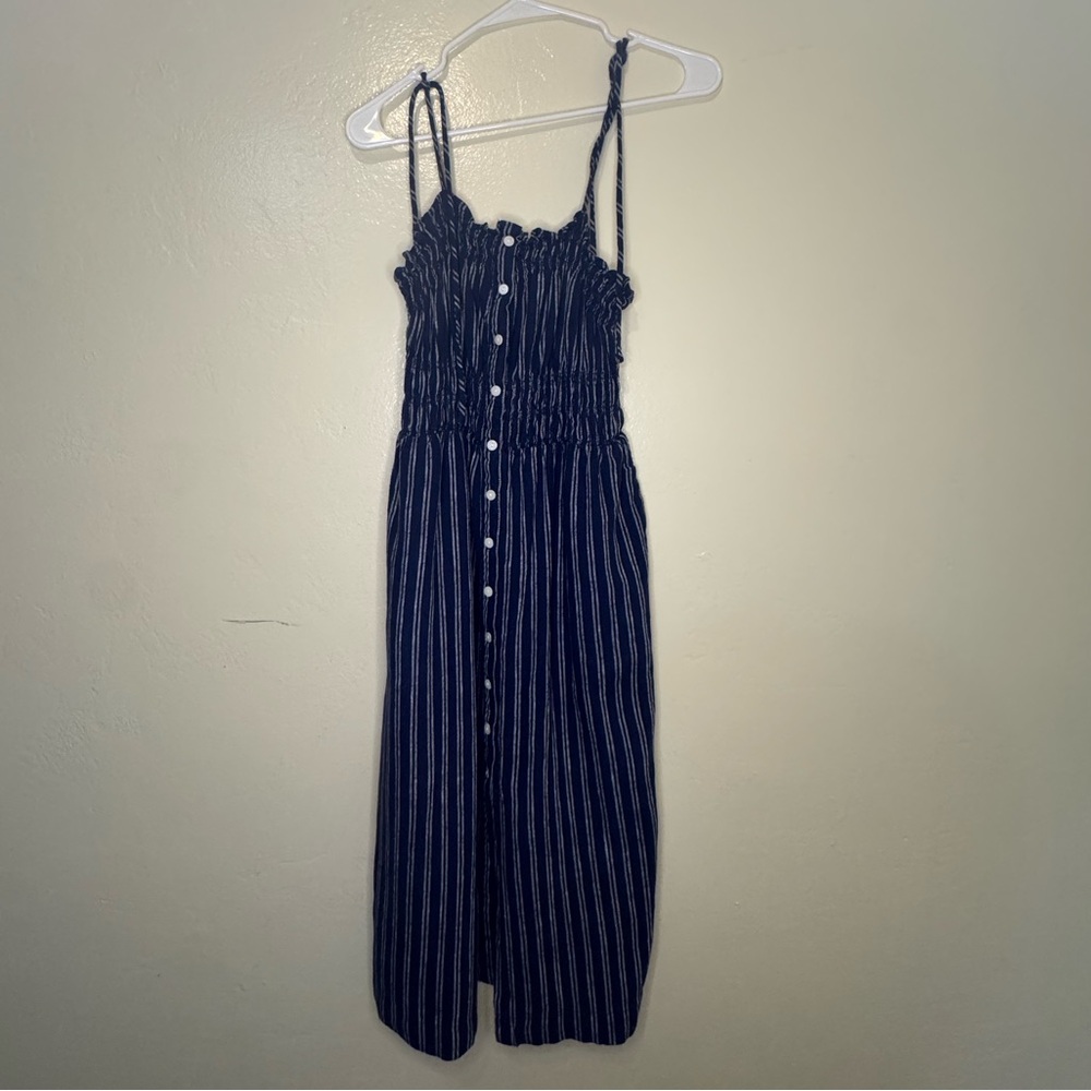 Navy Smocked Striped Midi Dress